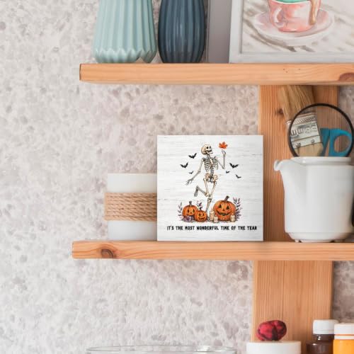 Gothic Halloween Skeleton Pumpkin Fall Wood Box Sign Desk Decor 5X5