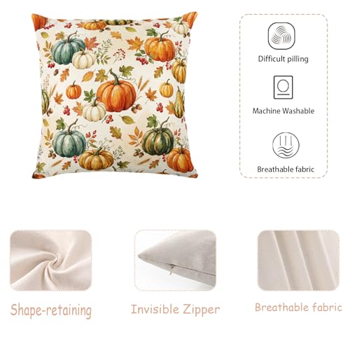Assorted Pumpkin Seamless Pattern Throw Pillow Cover 18x18 Inch Set of 2, Fall Farmhouse Linen Thanksgiving Sofa Decor - color: Cream, Orange, Green