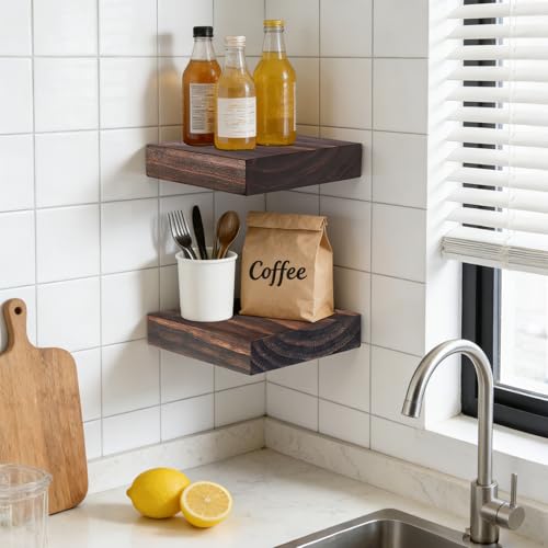 6.8x6.8x1.7in Square Solid Wood Floating Shelves Set of 2 Walnut - color: Walnut, size: 6.8x6.8x1.7-2pack