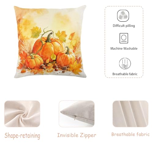 3 Pumpkins Acorn Pinecone Maple Leaf Watercolor Throw Pillow Cover 18x18 Inch Set of 2, Warm Autumn Harvest Farmhouse Linen Cushion Cover, Fall Thanksgiving Home Decor Square Sofa Pillowcase - color: Orange, Green