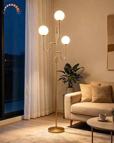 Lightdot 68IN Globe Gold Floor Lamp Dimmable Floor Lamps with 3000K Soft Warm White for Wedding/Party, 3-Arm Mid Century Modern Standing Tall Lamp for Living Room/Bedroom/Sofa Beside/Corner Decor - color: 3 Globe-Gold Arm