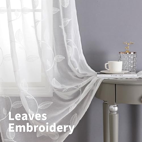 BGment White Sheer Curtains 72 Inches Long Living Room 2 Panels - color: White-leaf, size: 42"W x 72"L (Pack of 2)