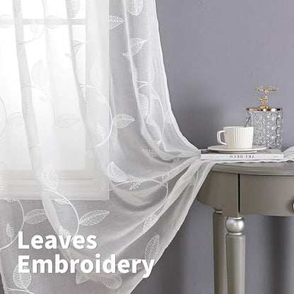 BGment White Sheer Curtains 95 Inches Long Living Room 2 Panels - color: White-leaf, size: 42"W x 95"L (Pack of 2)