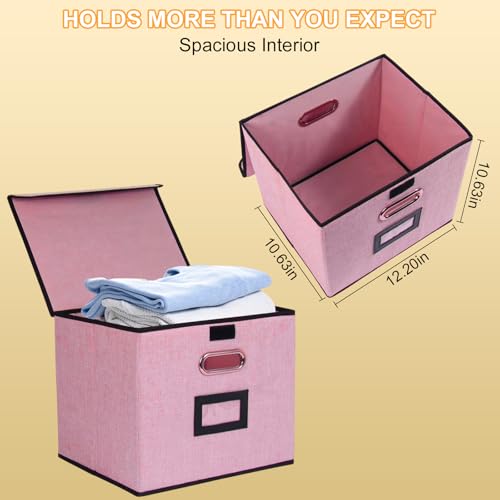 Large Square Storage Bin with Lid, Foldable Organizer Box with Handles & Label Design, for Office, Closet, Home, Documents, Pink, 12.20 x 10.63 x 10.63 Inches, 1 Pack - color: Pink, style: Square - 1 Pack