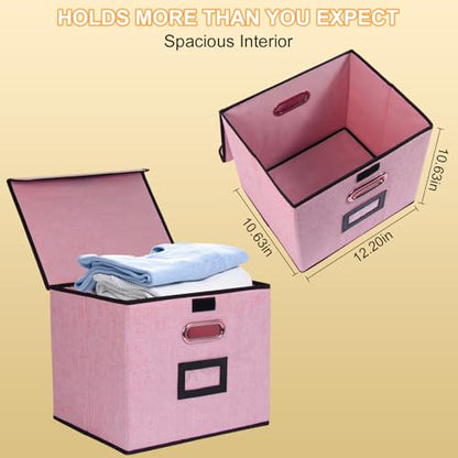 Large Square Storage Bin with Lid, Foldable Organizer Box with Handles & Label Design, for Office, Closet, Home, Documents, Pink, 12.20 x 10.63 x 10.63 Inches, 2 Pack - color: Pink, style: Square - 2 Pack
