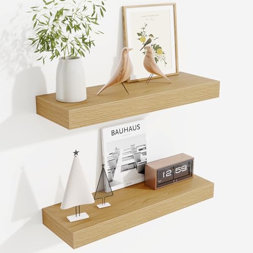 Fun Memories Floating Shelves Bathroom for Wall Mounted Shelves, 20 Inch Wood Shelf Set of 2, Home Storage & Display Decor, Oak - color: Oak, size: 20"