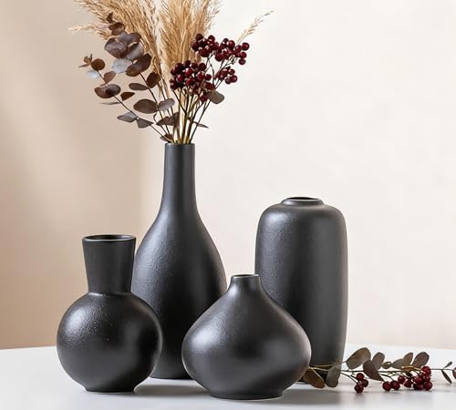 Black Ceramic Flower Vase Set of 4, Modern Farmhouse Decorative Vases for Bookshelf,Dining Room Coffee Console Table Centerpieces - color: 08 Black