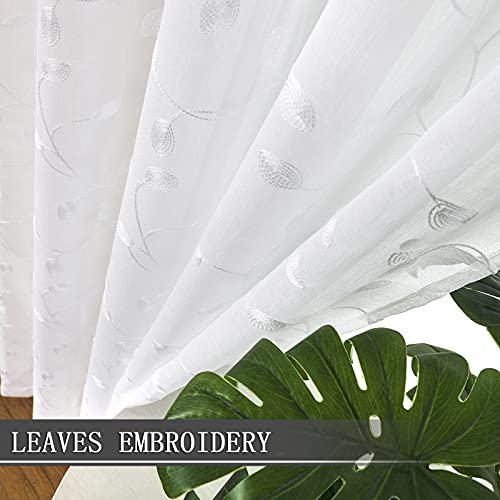 Tollpiz Leaves Sheer Tier Curtain White Leaf Embroidery Kitchen Half Curtains Rod Pocket Voile Faux Linen Embroidered Leaves Curtain for Bathroom, 30 x 36 inches Long, Set of 2 Panels - color: White, size: 30"W x 36"L (Pack of 2)