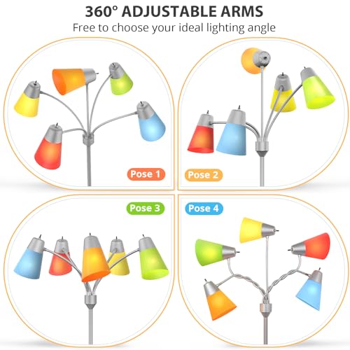 FOLKSMATE LED Floor Lamp, Medusa Multi-Head Modern Tall Standing Lamps, Adjustable Corner Reading Floor Light for Living Room, Bedroom, Kid Room, Classroom, Colored Lampshades, Silver Grey - color: Silver Grey