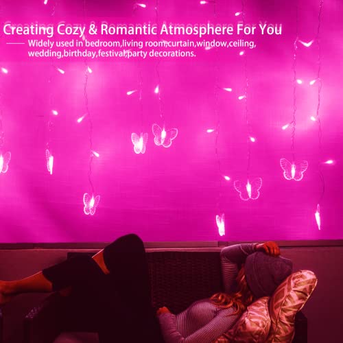 Butterfly Curtain Fairy Lights USB Plug in,120 LED 8 Modes 20FT Firefly Twinkle Icicle String Lights with Remote Timer Waterproof Copper Wire for Bedroom Patio Christmas Wedding Party Dorm(Pink) - color: Pink