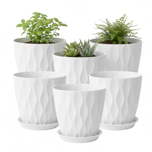 8 Inch Plant Pots Plastic Planters with Drainage Holes & Saucer, 6 Pack - color: White 8 Inch