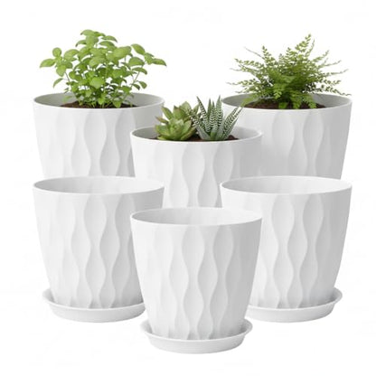 8 Inch Plant Pots Plastic Planters with Drainage Holes & Saucer, 6 Pack - color: White 8 Inch