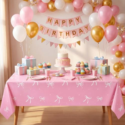 3 Pack Coquette Pink Bow Plastic Tablecloth, Pink and White Tablecloth - color: Pink Bow
