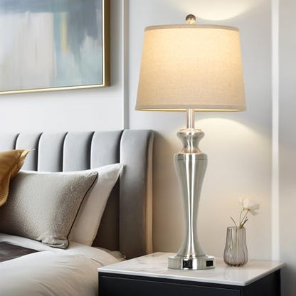 CINSARY Silver Table Lamps Set of 2, Touch Control Bedside Lamp with USB A+C Ports and AC Outlet, 3-Way Dimmable Bedroom Lamps for Nightstand, Tall Brushed Nickel Living Room Lamp for End Table - color: Silver (2 Pack)