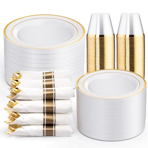 WELLIFE Disposable Plates & Gold Silverware Set, 350 Pieces for 50 Guests - color: Gold, style: 350PCS（50 Guests）