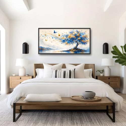 Voxlyra Large Framed Butterfly Tree Wall Art for Living Room 60'' × 30'' - color: Blue Tree