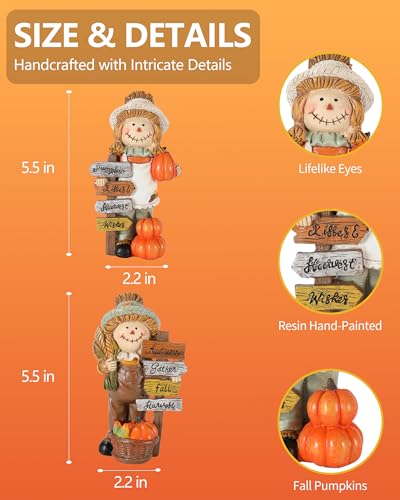 GoGnome 2-Pack Thanksgiving Scarecrow Figurines with Inspirational Autumn Plaques - Durable Resin 5.5'' Thanksgiving Table Decor - Fall Decorations Indoor Outdoor Harvest Gifts (Scarecrows)