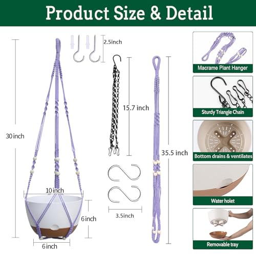 Koalaime 2 Pack Hanging Planters Set,10 Inch Indoor Outdoor Hanging Plant Pot Basket,Hanging Flower Pot with Drainage Hole with 3 Hooks for Garden Home(Purple Hanger White Planters) - color: Purple Hanger White Planters