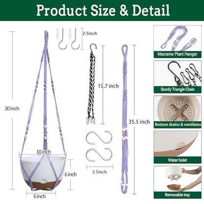 Koalaime 2 Pack Hanging Planters Set,10 Inch Indoor Outdoor Hanging Plant Pot Basket,Hanging Flower Pot with Drainage Hole with 3 Hooks for Garden Home(Purple Hanger White Planters) - color: Purple Hanger White Planters