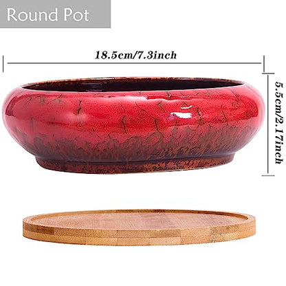 Succulent Pots, 1 Rectangle Planter + 1 Ceramic Bonsai Pots with Drain Tray - color: Red