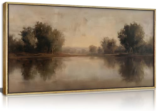 Framed Vintage Landscape Wall Art, Neutral Earthy Tone Lake and Trees Canvas Print, Retro Serene Nature Wall Decor for Living Room Bedroom Office, Ready to Hang - color: Lake view, size: 32"L x 16"W
