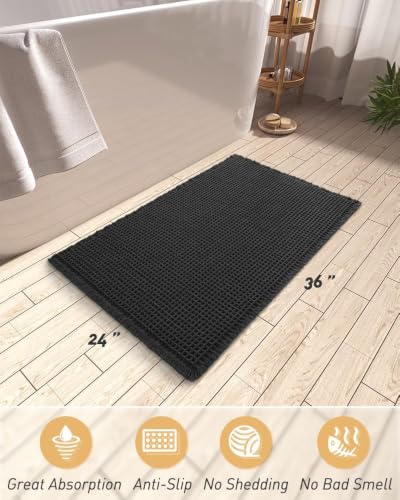 Upgraded Waffle Bath Mat Ultra Absorbent Non Slip Bathroom Mat, 24" x 36" - color: Black, size: 24" x 36"