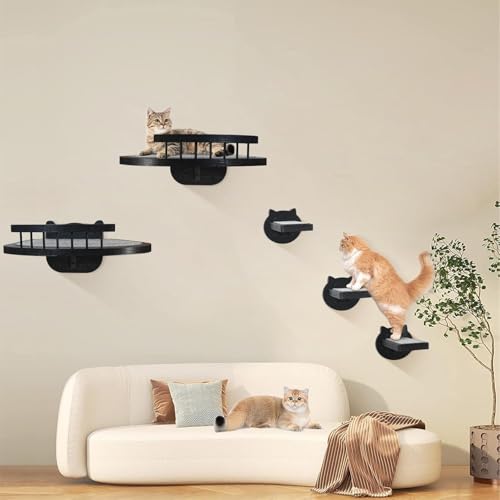 Cat Wall Shelves Furniture Set with Scratching Pad，Wooden Cat Climbing Wall Systems with 2 Perches and 3 Steps, Floating Shelves Bed Wall Mounted for Indoor Fit Up to 15Lbs (Black) - color: Black
