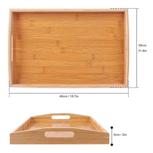2 PCS Bamboo Serving Tray, Breakfast Bed Tray with Handle, 15.8 x 11.4 x 2 Inch Wood Serving Tray for Serving, Breakfast Bed Trays for Eating, Decor, Displaying Cake, Fruit - size: 2 PCS - 15.8 x 11.4 x 2 Inch