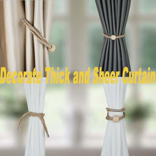 BEL AVENIR Jute Magnetic Curtain Tiebacks, Boho Farmhouse Curtain Tie Backs - color: Jute-1 Bead