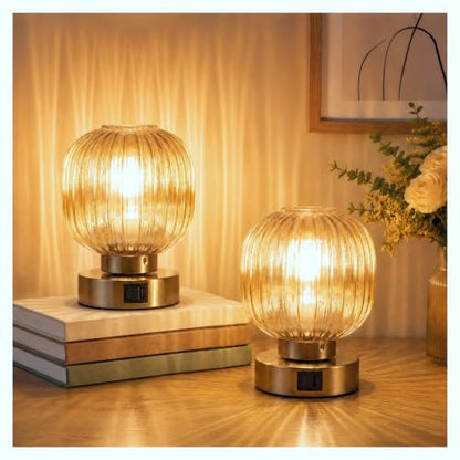 Elenhome Touch Table Lamp Set of 2, 3-Way Dimmable with Glass Shade, USB-C+A Charging Ports, Mid-Century Modern Small Bedside Lamps for Nightstand, Bedroom, and Living Room, LED Bulb Included (Amber) - color: Gold_2pack