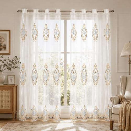 VOGOL Embroidered Semi Sheer Curtains 106 inches Long Grommet Window Treatment Voile Panel Drape for Living Room Bedroom and Dining Room, Two Panels, W60 x L106 inch - color: C2, size: 60"W x 106"L (Pack of 2)