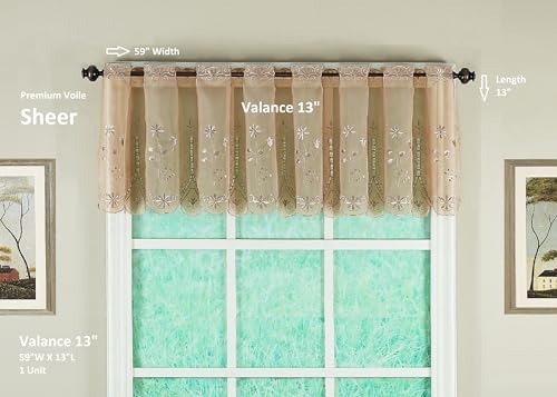 Today's Curtain, Samantha Embroidered Sheer Valance 13", Taupe, 59" W x 13" L - color: Taupe, size: 59"W x 13"L (Pack of 1)