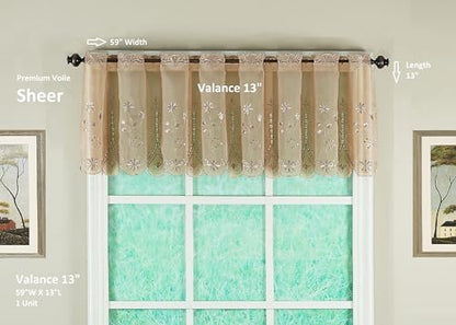 Today's Curtain, Samantha Embroidered Sheer Valance 13", Taupe, 59" W x 13" L - color: Taupe, size: 59"W x 13"L (Pack of 1)