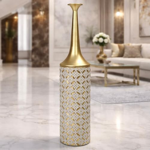 Leewadee Large Floor Vase 26 inches Metal for Pampas Grass, Dried Flowers - color: Gold, White