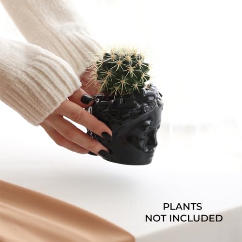 Small Head Planter - Ceramic Face Planter Pots for Indoor Plants, Cute Funny Succulent Pot with Drainage Hole, Unique Gift, 3.9" - color: Black