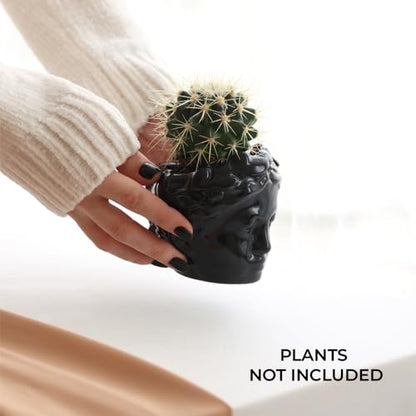 Small Head Planter - Ceramic Face Planter Pots for Indoor Plants, Cute Funny Succulent Pot with Drainage Hole, Unique Gift, 3.9" - color: Black