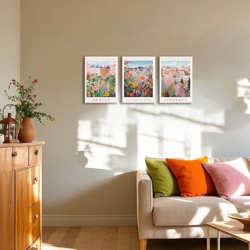 XLARTMY Flower Market Wall Art Prints Canvas Orange and Pink Floral Paintings Colorful Botanical Travel Flower Posters for Home Decor Pictures Set of 3 for Living Room Bedroom 12x16in - color: Flower Market ORange-2, size: 12x16in Canvas