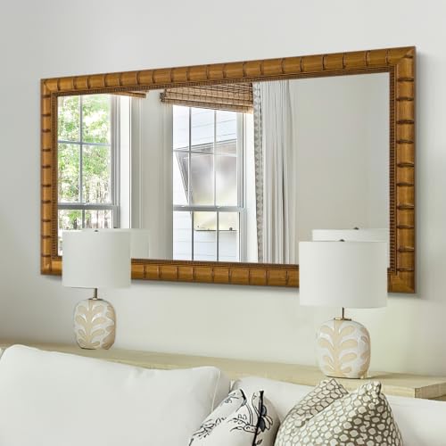 Large Wall Decorative Mirror, 48'' x 24'' Antique Gold Mirror with Bamboo-Joint Design, Rectangular Warm Gold Mirrors for Bathroom, Entryway, Dining Room, Fireplace，Horizontal/Vertical - color: Gold, size: 48"L x 24"W