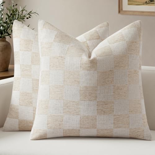 a moment Set of 2 Decorative Linen Throw Pillow Covers,Large Grid Textured Neutral Boho Farmhouse Cushion Covers,Soft Aesthetic Pillowcases for Couch Sofa Living Room Home Decor,18x18 Inch,Beige - color: Beige, size: 18" x 18" (Pack of 2)