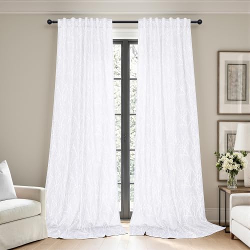 White Unique Curtains 90 Inch Length for Living Room 2 Panel Back Tab Pocket Drape Damask Geometric Rustic Neutral Vintage Decorative Lace Textured Tree Branch Patterned Curtain for Bedroom Office Bay - color: White, size: 52"W x 90"L (Pack of 2)
