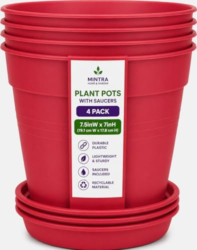 Mintra Garden Pots, 4 Pack Bulk Plastic Plant Pots with Drainage Tray, Round Indoor & Outdoor Decorative Planters with Drain Holes for Flowers, Herbs & Plants, 19cm Diameter – Coral, 7.5 in - color: Coral, size: 19cm Diameter (7.5in)