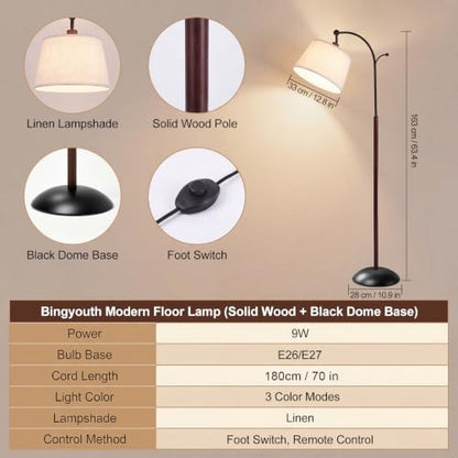 Floor Lamp, 9W LED Arch Floor Lamp - Solid Wood with Black Base - color: Solid Wood + Black Base