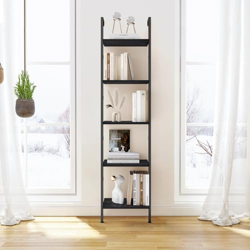 ELYKEN Ladder Shelf, 5-Tier Wood Wall Mounted Ladder Bookshelf - color: Black