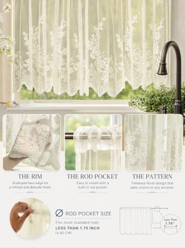 Molaxhome Kitchen Curtains Valance Beige Lace Floral Semi Sheer Curtain - color: Beige, size: 51"W x 16"L (Pack of 1)