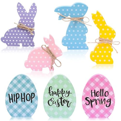 7Pcs Easter Decorations for Home - Wooden Bunny Eggs Tiered Tray Decor - Spring Easter Table Centerpieces Signs for Indoor Mantel Office - style: 7 PCS Bunny Egg
