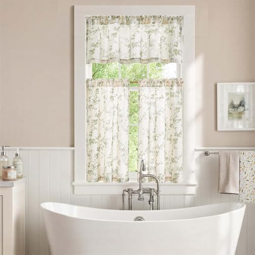 jinchan Green Linen Floral Kitchen Tier Curtains and Valance Set 3 Pieces - color: Alisa | Green on Linen, size: 26"W x 36"L (Pack of 3)