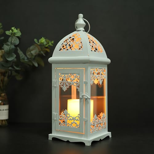 JHY DESIGN Filigree Decorative Candle Lantern 15''High Metal Candle Lanterns Vintage Style Hanging Lantern Decorations with Glass for Indoor Outdoor Events Parities Weddings (White) - color: White With Gold Brush