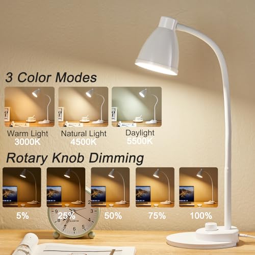 BOHON LED Desk Lamp with USB Charging Port, 3 Color Modes Dimmable, White - color: White