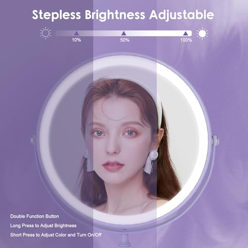 DEIOVWXS Makeup Mirror, Rechargeable Vanity Mirror with 3 Lights, 1X/10X - color: Purple