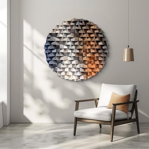 LIUZEYUE Round Wood Wall Art, Split-Tone Cube Mosaic, Modern Wood Accent - color: Blue+Beige+Coffee, size: Ø 23.6"